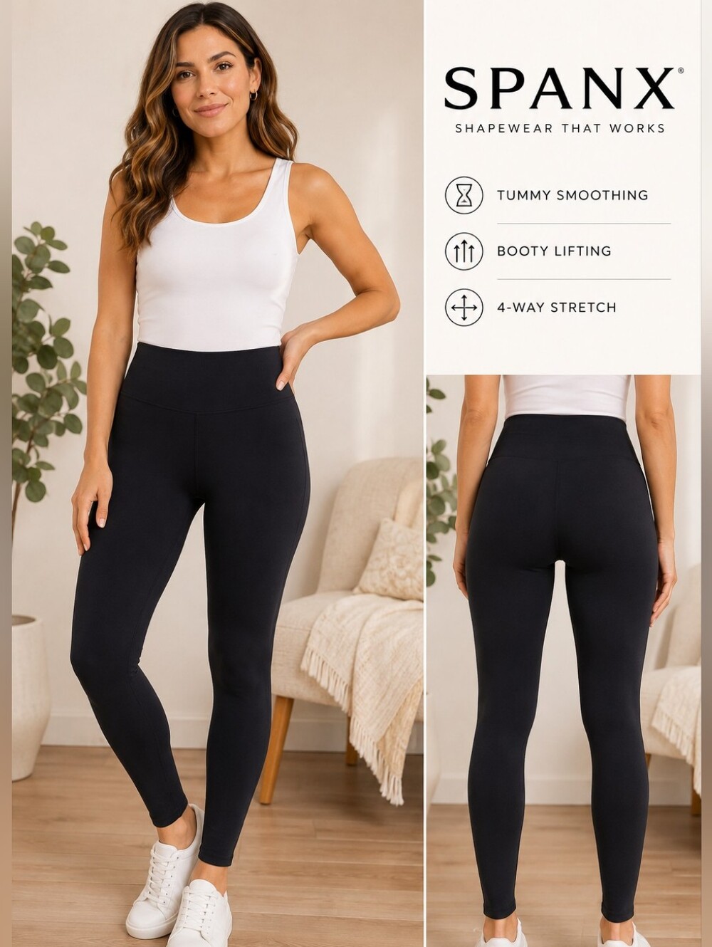 SPANX Black High Rise Shaping Leggings Tummy Control Skinny Stretch Size Small